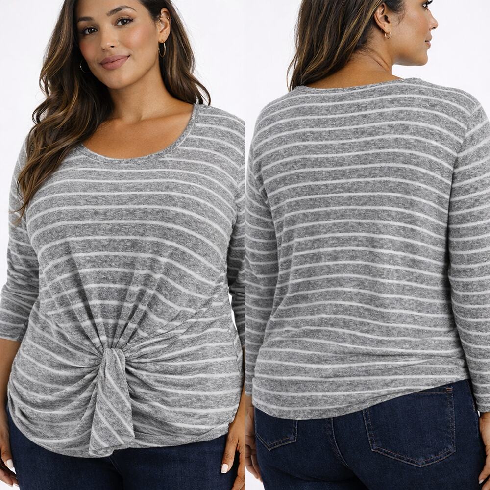 Gibson Gray Ivory Stripe Twist Front Top 2X Soft Stretch Knit NWT